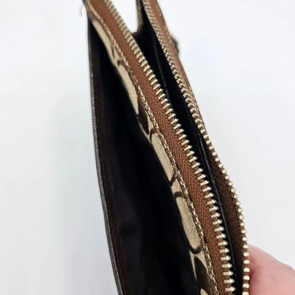 Coach Signature Jacquard Wristlet Wallet Khaki Brown Zip Clutch Leather Trim